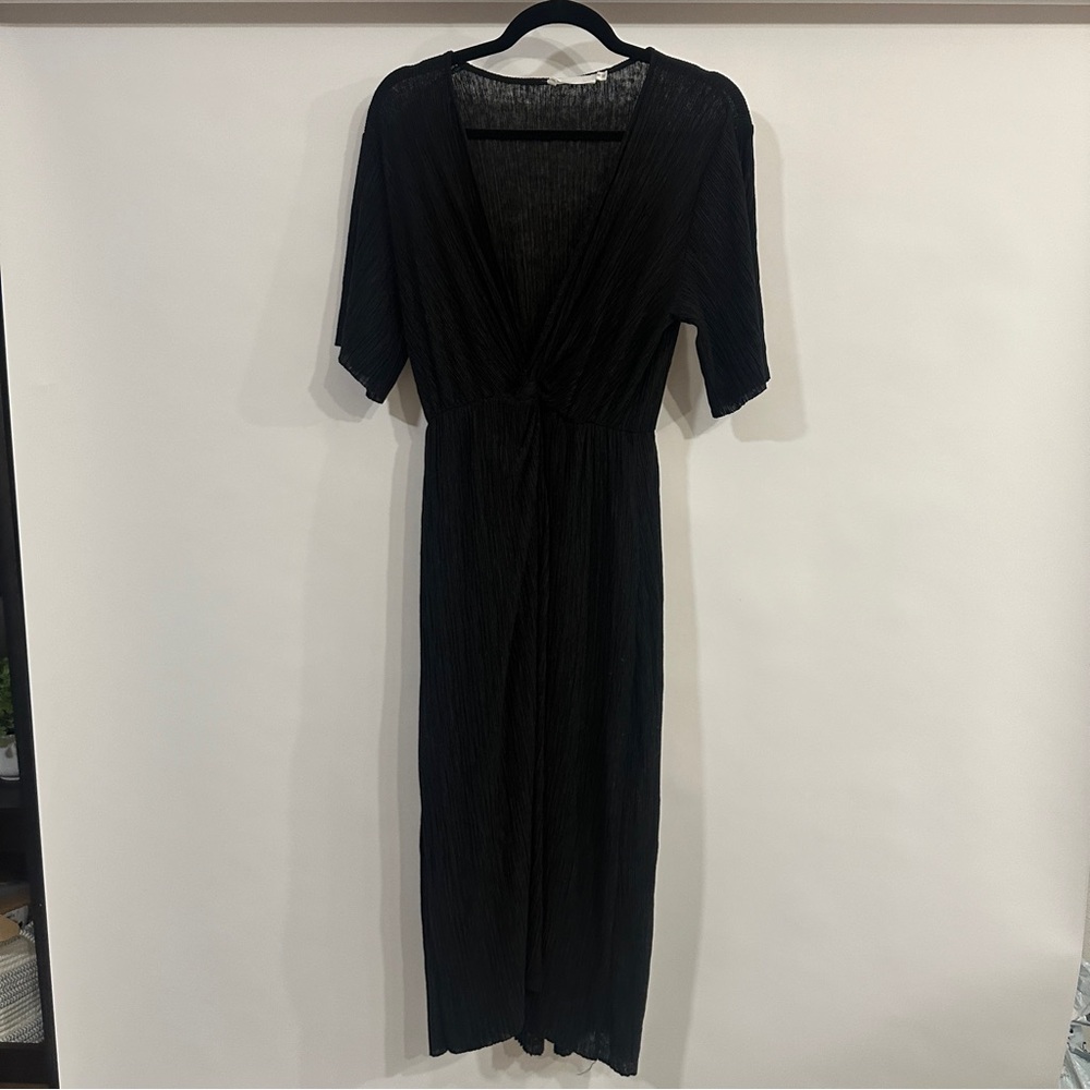 All in Favor Black Pleated Maxi Dress with V-Neck